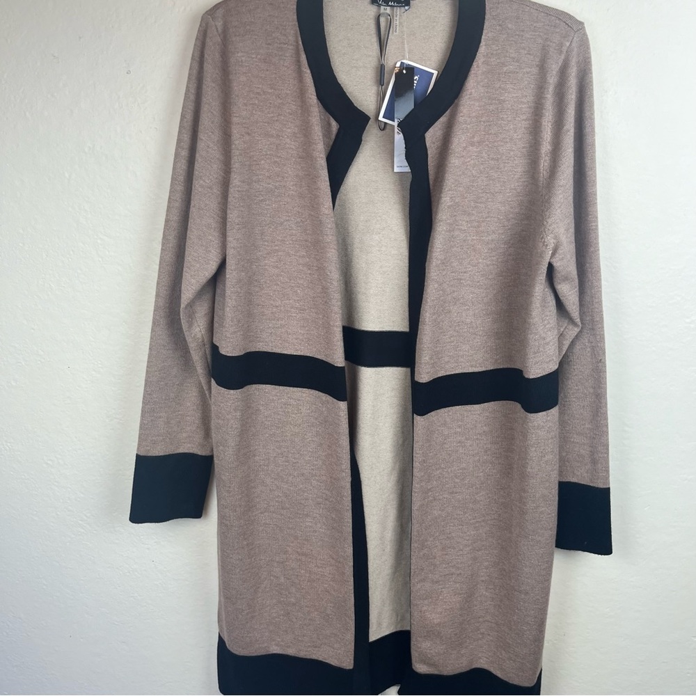 LUSH long open cardigan jacket-color block tan & blk-woman’s Medium - Picture 2 of 13